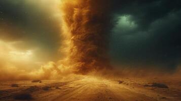 AI generated The sky was dark with thunder rumbling, as a sand tornado crossed the desert. photo