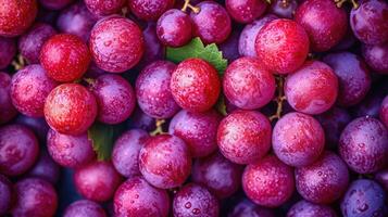 AI generated Red Grapes background. Neatly arranged clusters of red grapes, an artistic arrangement to highlight the color and beauty. photo