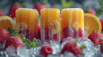 AI generated Fresh fruit popsicles on a white table. fruit popsicles, kiwi, strawberry, orange. Sweet desert background. photo