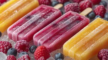 AI generated Fresh fruit popsicles on a white table. fruit popsicles, kiwi, strawberry, orange. Sweet desert background. photo