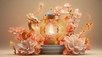 AI generated Happy chinese new year the dragon zodiac sign with flower, lantern, chinese elements. made from resine luxury style. 3d render. photo