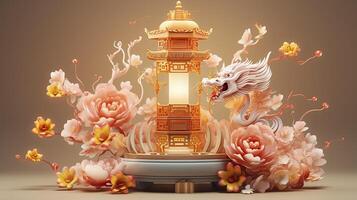 AI generated Happy chinese new year the dragon zodiac sign with flower, lantern, chinese elements. made from resine luxury style. 3d render. photo