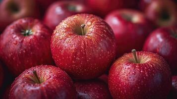 AI generated Red apples background, wet with water droplets, are piled into a large container and photographed from above. photo