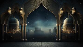 AI generated Ramadan background, free space, Art Deco, dark blue background photo