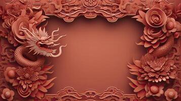 AI generated Chinese New Year theme plain background with dragon sign, typical Chinese frames on each side. luxury style of paper cut art. photo