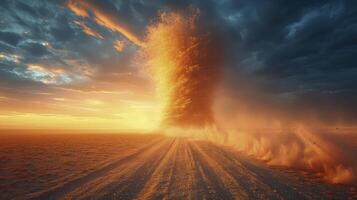 ai generado un arena tornado en el medio de un brillante Desierto durante el día, con arena paso mediante el aire. foto