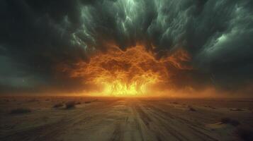 AI generated The sky was dark with thunder rumbling, as a sand tornado crossed the desert. photo