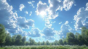 AI generated a clear blue sky scene with a trail of wispy Cirrus clouds and fine grains. photo