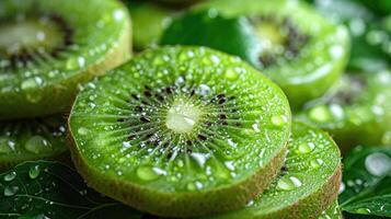 AI generated Exotic Kiwi background. Exotic appeal of perfectly round kiwi slices. photo