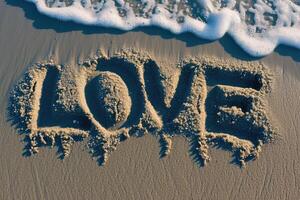 AI generated word love written on beach photo