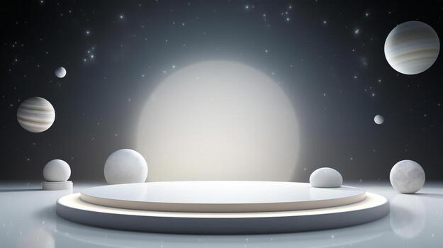AI generated An empty white podium against the backdrop of dark outer space. for product display, Blank showcase, mock up template or cosmetic presentation. photo