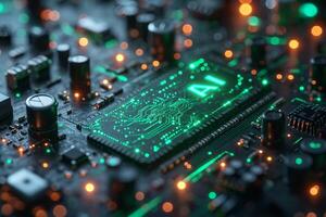 ai generado cyberpunk brillante verde ai circuito tablero. tecnología antecedentes central computadora procesadores UPC y gpu concepto. tarjeta madre digital chip. tecnología Ciencias antecedentes. 3d prestar. foto