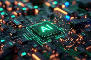 ai generado cyberpunk brillante verde ai circuito tablero. tecnología antecedentes central computadora procesadores UPC y gpu concepto. tarjeta madre digital chip. tecnología Ciencias antecedentes. 3d prestar. foto