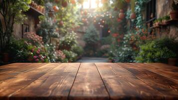 ai generado de madera mesa parte superior en difuminar antecedentes de vistoso flor jardín patio interior con bokeh luz de sol. foto