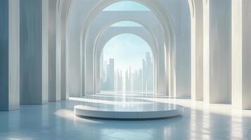 empty white round podium with silhouettes of futuristic skyscrapers, illustrating urban architecture and business districts against the sky photo