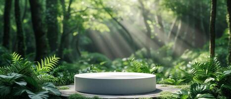 AI generated Empty white podium on outdoor green tropical rain forest nature background. Natural product present placement pedestal counter display, spring summer jungle paradise concept. photo