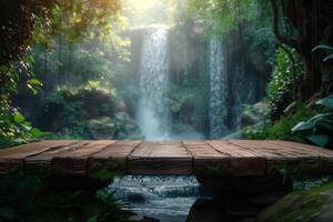 AI generated Wooden table top on outdoor waterfall green tropical forest nature background. Natural water product present placement pedestal counter display, spring summer jungle paradise concept. photo