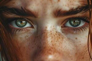 AI generated Close up of the intense fear in a young attractive woman's eyes wit freckles, conveying the utmost level of distress and anxiety. photo