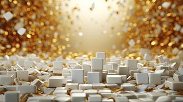 AI generated stack of white cubes and falling golden confetti decorations photo