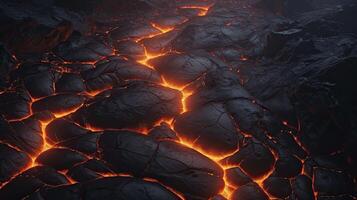 AI generated Dry black lava, there is liquid lava flowing between the many cracks. tense atmosphere in the dark. there was a thin layer of smoke in between. 3D Render illustration photo