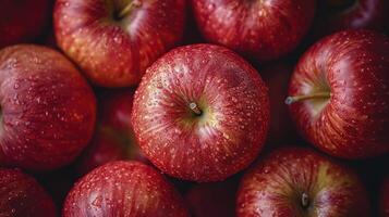 AI generated Red apples background, wet with water droplets, are piled into a large container and photographed from above. photo