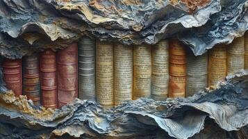 AI generated Pile of old parchment paper and vintage texture background of old damaged books. photo