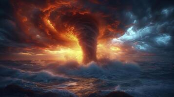 AI generated a tornado storm over the ocean at dusk, with the sky ablaze with the reddish hues of the setting sun. photo