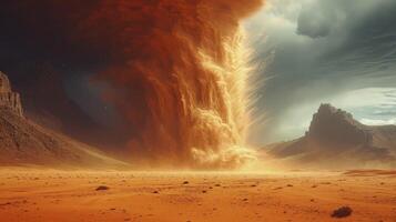 AI generated a sand tornado scene in the desert with red sand creating a powerful visual effect. photo