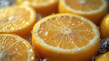 AI generated Pile of lemon slices with fresh water drops. photo