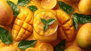 AI generated a fresh background with cuts of vibrant mango, a creative layout to highlight the fruit's softness and flavor. photo