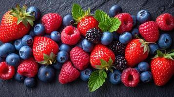 AI generated Mix of berries such as strawberries, blueberries, and raspberries arranged artfully for a burst of color background. photo