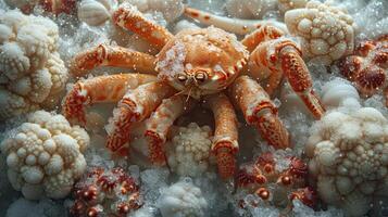 AI generated Various frozen seafood, crab, photographed close up. photo