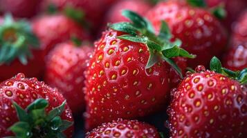 AI generated Strawberries background. Red strawberries arranged in a visually pleasing manner, with sparkling water droplets for a tempting appearance, full of frame, fresh vibe. photo