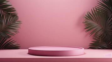 AI generated Abstract sweet pink 3D room with realistic pink cylindrical pedestal podium set and shadow overlay of palm leaves. Minimal scene for product display presentation. 3d rendering, photo