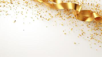 AI generated Golden Tiny Confetti And Streamer Ribbon Falling On White Background. 3d render elegant. photo