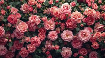 AI generated Pink rose garden background, aerial view. valentine's day background. photo