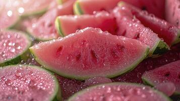 AI generated Piles of fresh watermelons slices filled the entire space. wet with water droplets, photographed from above. photo