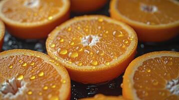 AI generated Close up of fresh oranges slice background wet with water droplet. photo
