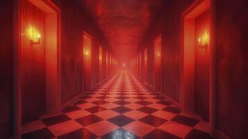 AI generated Scary night feel corridor. candles on every door and black and white floors. scary background. photo