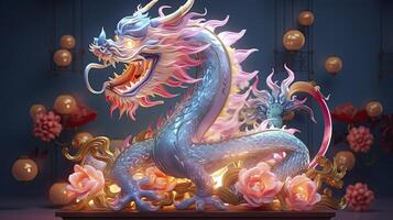 AI generated Happy chinese new year the dragon zodiac sign with flower, lantern, chinese elements on color background. made from resine luxury style. 3d render, transparent resine. photo