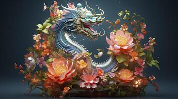 AI generated Happy chinese new year the dragon zodiac sign with flower, lantern, chinese elements on color background. made from resine luxury style. 3d render, transparent resine. photo