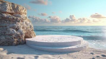 AI generated close-up a white podium in round-shaped displayed on the sand. Blue sky background. photo