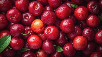 ai generado pila de tentador cerezas, un interesante arreglo a escaparate el brillo y blandura de el fruta. foto