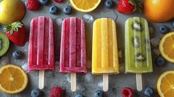 AI generated Fresh fruit popsicles on a white table. fruit popsicles, kiwi, strawberry, orange. Sweet desert background. photo