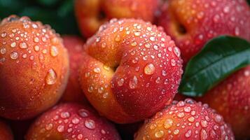 AI generated fresh peaches with water drops background. photo