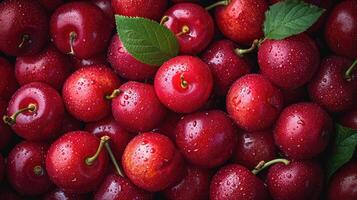 AI generated pile of tempting cherries, an interesting arrangement to showcase the brightness and softness of the fruit. photo