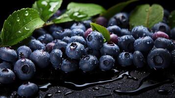 AI generated Pile of fresh blueberries background. photo