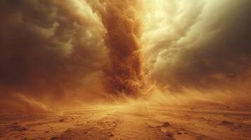 ai generado un arena tornado en el medio de un brillante Desierto durante el día, con arena paso mediante el aire. foto