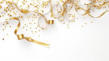 AI generated Golden Tiny Confetti And Streamer Ribbon Falling On White Background. 3d render elegant. photo