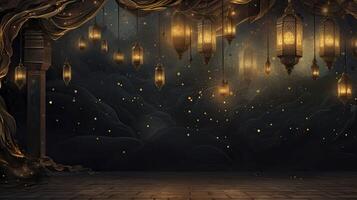 AI generated Ramadan themed background, shiny nipple wall, gold lanterns in the corner, gold particles and small lanterns hanging, Art Nouveau style photo